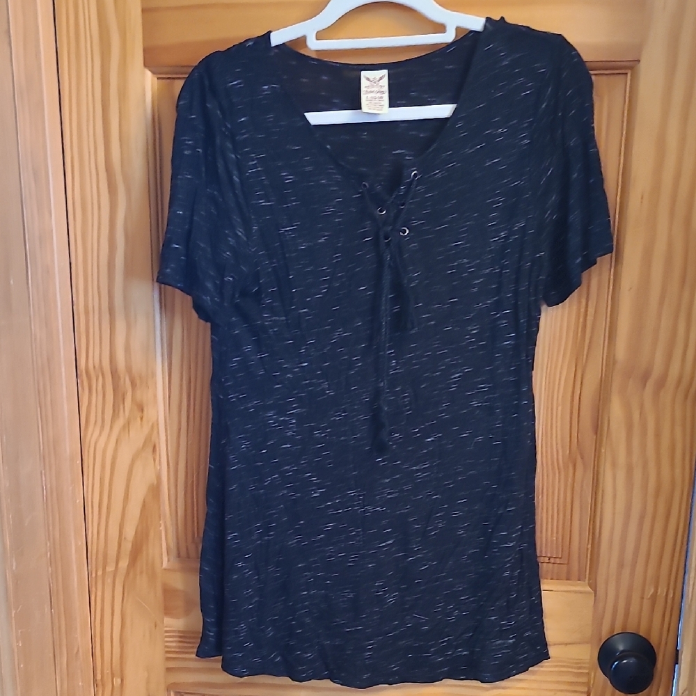 Faded Glory Black Lace-Up Short Sleeve Top